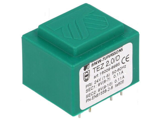 Transformator: ingegoten; 2VA; 24VAC; 9V; 9V; PCB; IP00 Transformator: ingegoten; 2VA; 24VAC; 9V; 9V; PCB; IP00